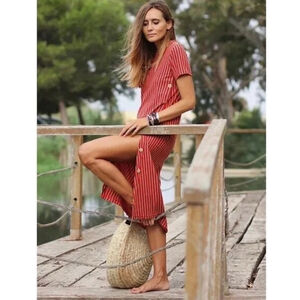 zara Red Striped Button-Down Dress cotton jersey